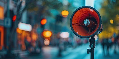 red megaphone at outdoor with urban city bokeh light 