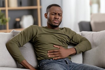 Obraz premium A man is sitting on a couch, visibly uncomfortable, holding his stomach due to abdominal pain while dressed in casual clothing