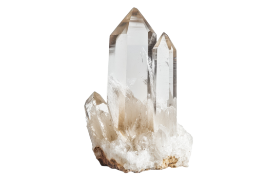 A stunning cluster of clear quartz crystals glimmering on a white background in soft natural light isolated on transparent background