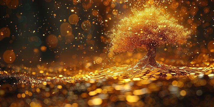 golden gold coin tree has coins as leaves that fall on ground, idea for limitless income, wealth and prosperity, rich and successful business growth