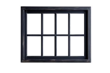 Black wooden window frame isolated on transparent PNG background.