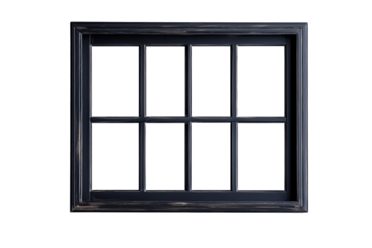 Black wooden window frame isolated on transparent PNG background.