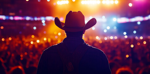 Back view of a cowboy silhouette at a country music concert