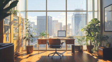 Sunny city view home office, work from home, peaceful workspace