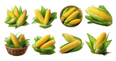 Fresh Sweet Corn Ears with Green Husk Arranged in Various Ways, Bundle Set Collection, Isolated on Transparent Background