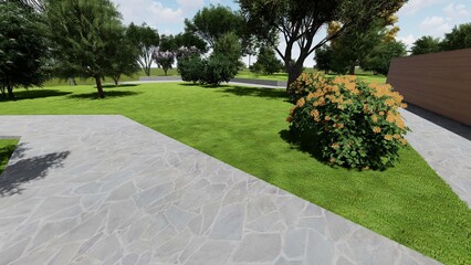 3d image of the landscape design of the home territory. Landscaping of the territory. Computer visualization of composite landscaping and landscaping solutions.