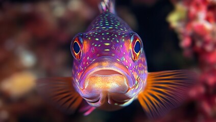 Obraz premium Aquatic Portrait: A mesmerizing close-up view of a vibrant, multicolored fish, showcasing its intricate patterns and textures in a captivating underwater scene. 