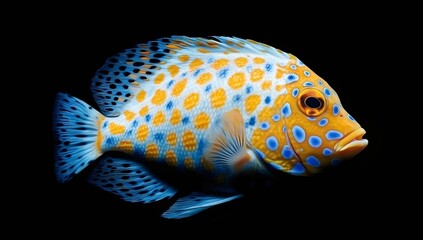 Fototapeta premium Vibrant Aquatic Gem: A dazzlingly patterned fish showcases its stunning blue and yellow spotted scales against a dark backdrop, highlighting its exquisite beauty and captivating underwater allure.