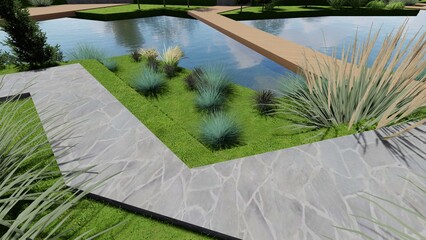 3d image of the landscape design of the home territory. Landscaping of the territory. Computer visualization of composite landscaping and landscaping solutions.