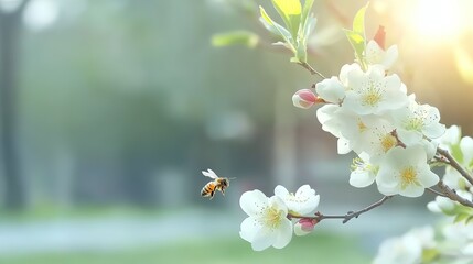 Obraz premium A honeybee flies to the white plum blossoms flower