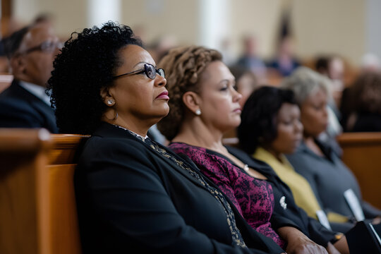 Congregation attends a service. Rows of people listen attentively during a presentation or sermon. Women and men dressed formally in a church.