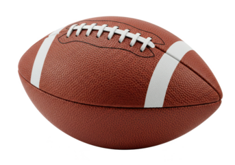 A close-up of an American football with a textured brown leather surface isolated on transparent background
