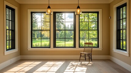 Sunny room with large windows overlooking garden