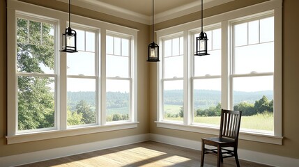 Fototapeta premium Interior corner room with large windows, peaceful countryside view, modern farmhouse design, for home decor use