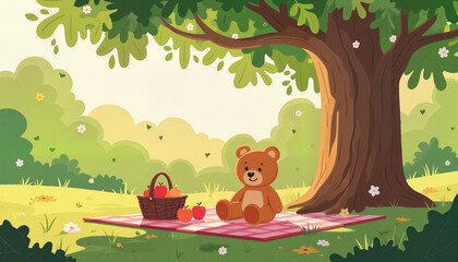 Naklejka premium Tiny teddy bear enjoying a picnic under oak tree, cheerful relaxation