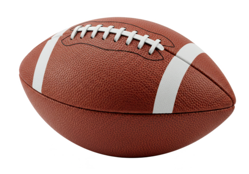 A close-up of an American football with a textured brown leather surface isolated on transparent background
