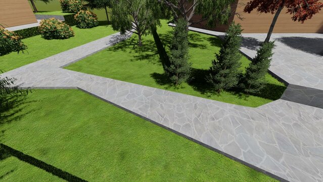 3d image of the landscape design of the home territory. Landscaping of the territory. Computer visualization of composite landscaping and landscaping solutions.