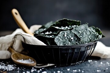 Crispy seaweed chips with salt in black basket on dark background