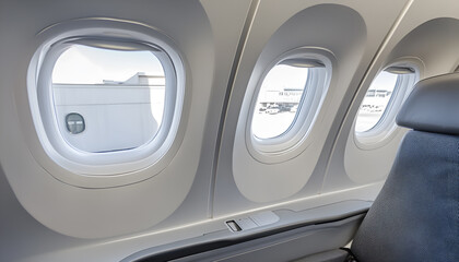 Airplane windows, view from inside cabin with gray side wall