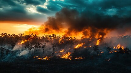 Obraz premium aerial view of wildfire burning in wide area with flame fire and smoke
