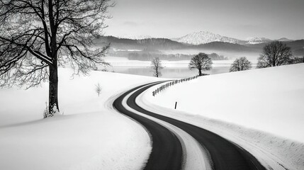  Snowy road w/ tree & mountains