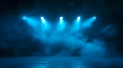 Illuminated stage with scenic lights and smoke. blue spotlight with smoke volume light effect on black background. stadium cloudiness projector, generative ai. Light - Lantern. Illustration