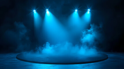 Illuminated stage with scenic lights and smoke. blue spotlight with smoke volume light effect on black background. stadium cloudiness projector, generative ai. Light - Lantern. Illustration