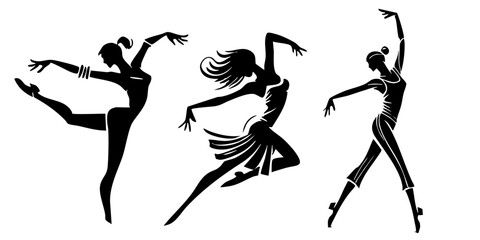 Gymnastics girl silhouette. Black and white woman dancers set. Gymnast sketch vector. Dynamic dancing people poses illustration.