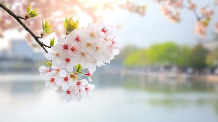 Cherry Blossoms blooming in Japan alongside the river, dreamy soft light