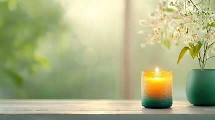   A candle sits on a table beside a vase with a flower and a green vase with a white flower