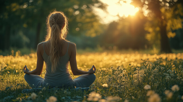 A focused shot capturing yoga movements in a meadow at dawn.