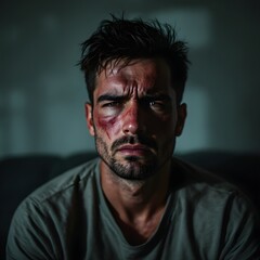 Fototapeta premium A solemn man with bruises on his face sits alone in a dimly lit room, lost in thought, symbolizing the silent suffering, fear, and emotional trauma of domestic abuse against men