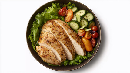 top view of boiled chicken breast with vegetables in plate on white background