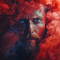 Intense portrait of a man surrounded by colorful smoke during a dramatic evening setting