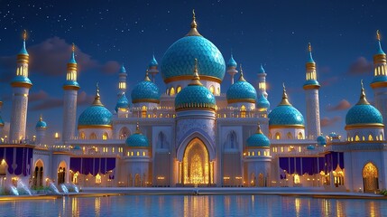 Obraz premium majestic Arab palace, sapphire blue domes, teal and turquoise minarets at night time 