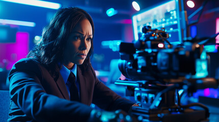 Veteran journalist interviews expert in contemporary studio setting