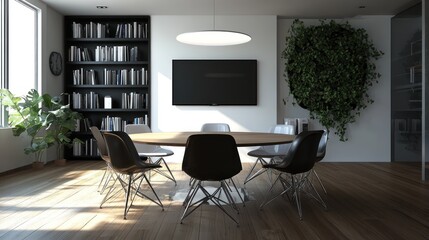 Modern Meeting Room Interior Design with Bookshelves and Plants