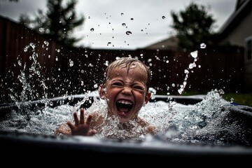 Fototapeta premium Joyful caucasian child playing in water splash on a summer day