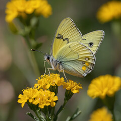 Vibrant Yellow Flowers and Butterfly Close-Up in Sunny Garden Ecosystem - Nature's Colorful Ecological Balance