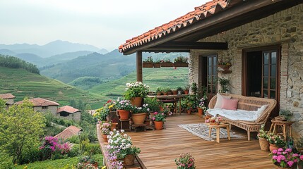 Obraz premium beautiful cozy rock cottage house on hill with open balcony full of flower pot plants with mountain landscape 