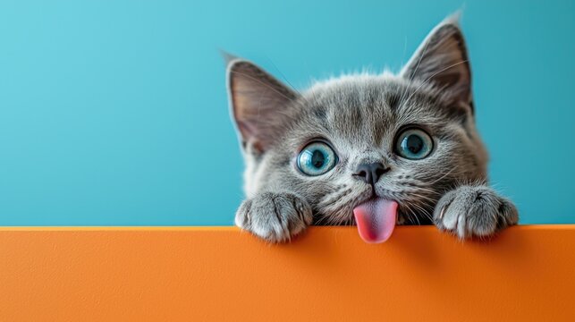 Playful kitten peeking over a colorful surface