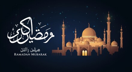A beautifully illuminated mosque with multiple domes set against a dark blue night sky with stars there is elegant Arabic calligraphy in white reads Ramadan Mubarak