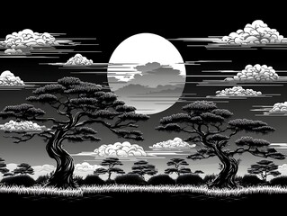 Trees, moon, clouds, night sky, landscape, black and white artwork