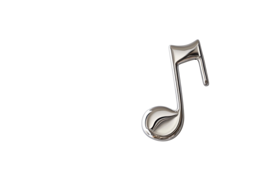 A sleek silver musical note emblem resting elegantly on a smooth white surface isolated on transparent background