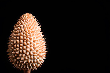 Close-up of a spiky fruit. Its pyramid like shell contrasts against a black background. Its unique texture makes it interesting.
