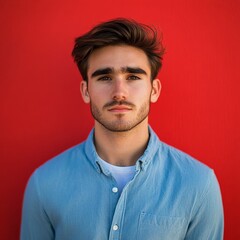 Obraz premium Young man poses in front of vibrant red wall wearing blue shirt and exuding confidence in an urban setting