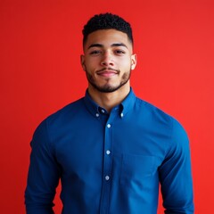 Obraz premium Young man poses confidently in a blue shirt against a vibrant red background in a studio setting