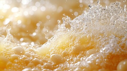 Splashing Liquid, Amber Bubbles, Bokeh Background. Food Product Photography