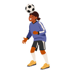 Happy little girl football player isolated cartoon character dribbling soccer ball with head
