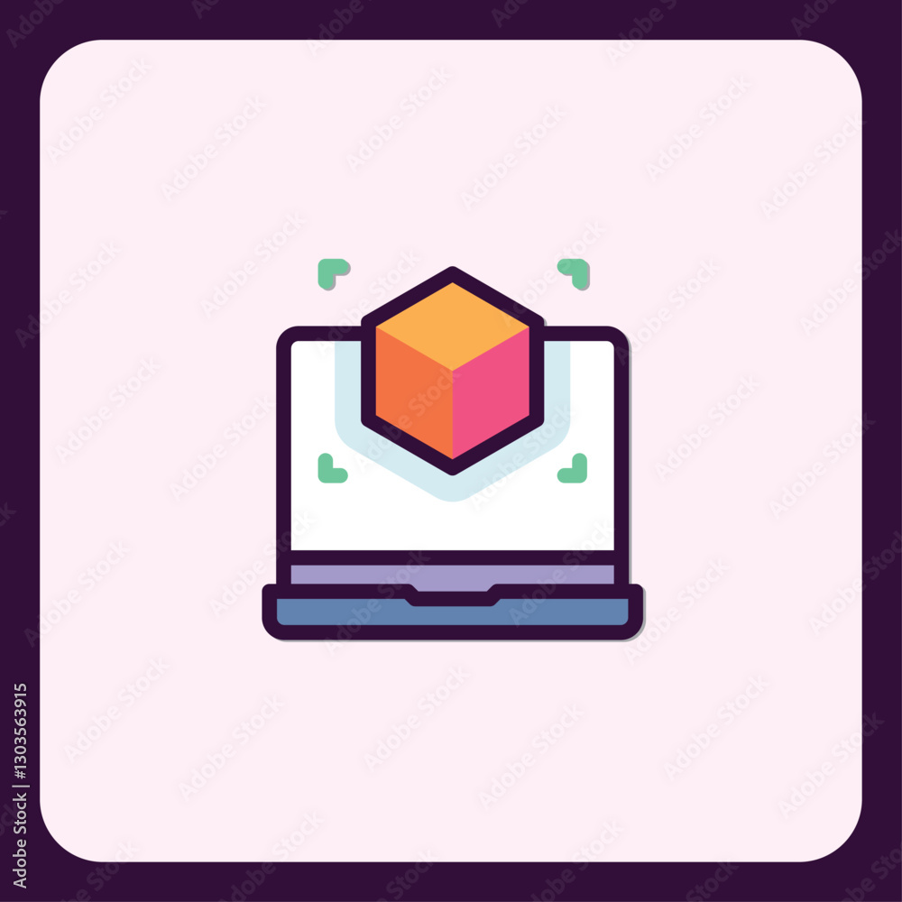 Poster laptop with floating cube: modern computing, data visualization, and software development